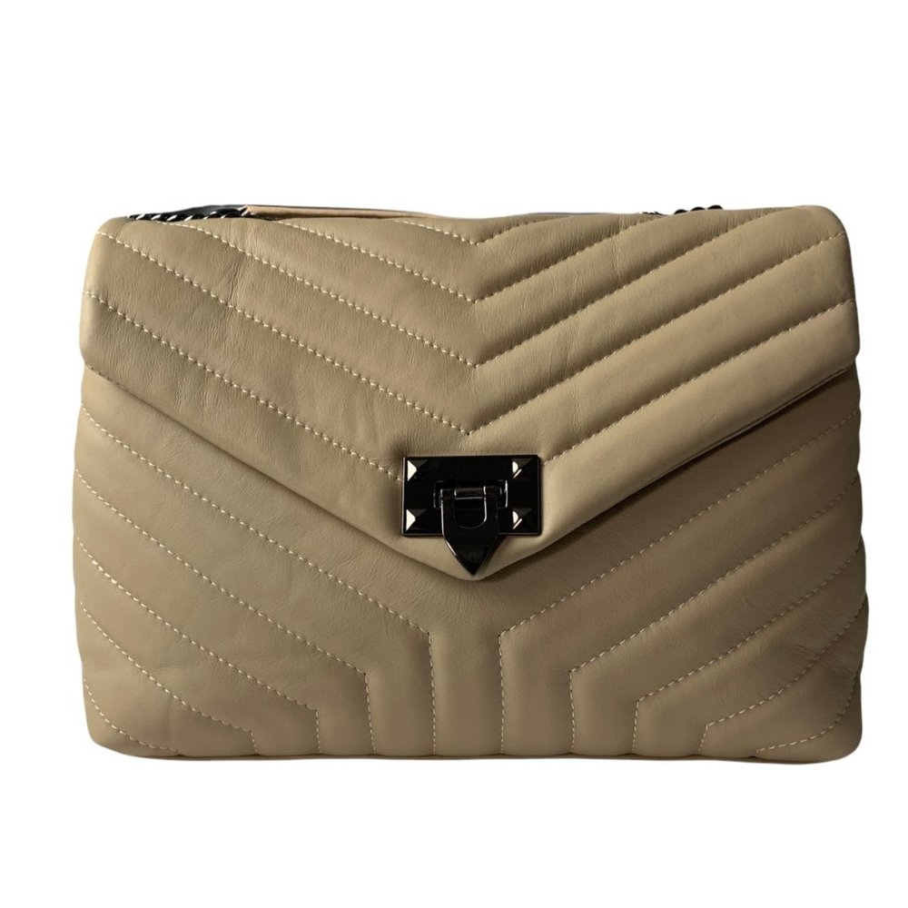 🟣 VALENTINA FIORE Quilted Geometric Designed 3 Compartment Chained Strap Purse